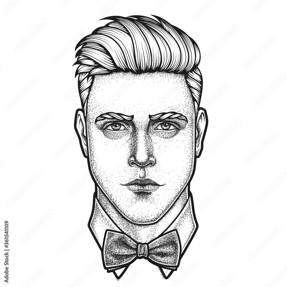 Hand drawn portrait of man full face with bow tie . Vector illustration.