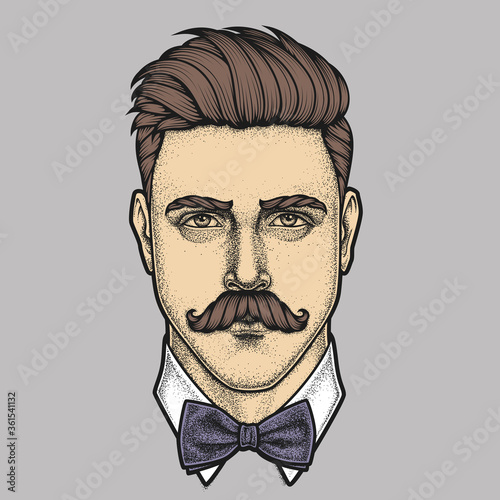 Hand drawn portrait of moustached man full face. Vector illustration.
