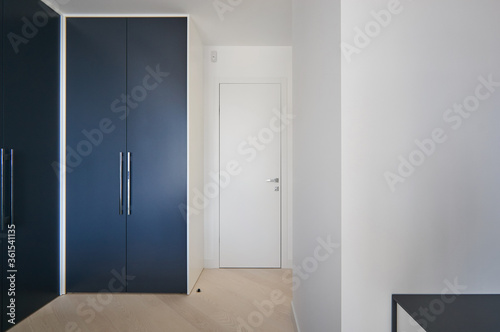 two blue wardrobe and white entrance door in bedroom 