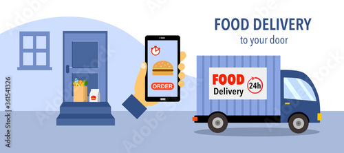 Delivery truck moving after placing products at customer house door. Online food order and food delivery service concept. Uber eat, grab food, fast food design for landing page, web, mobile app.
