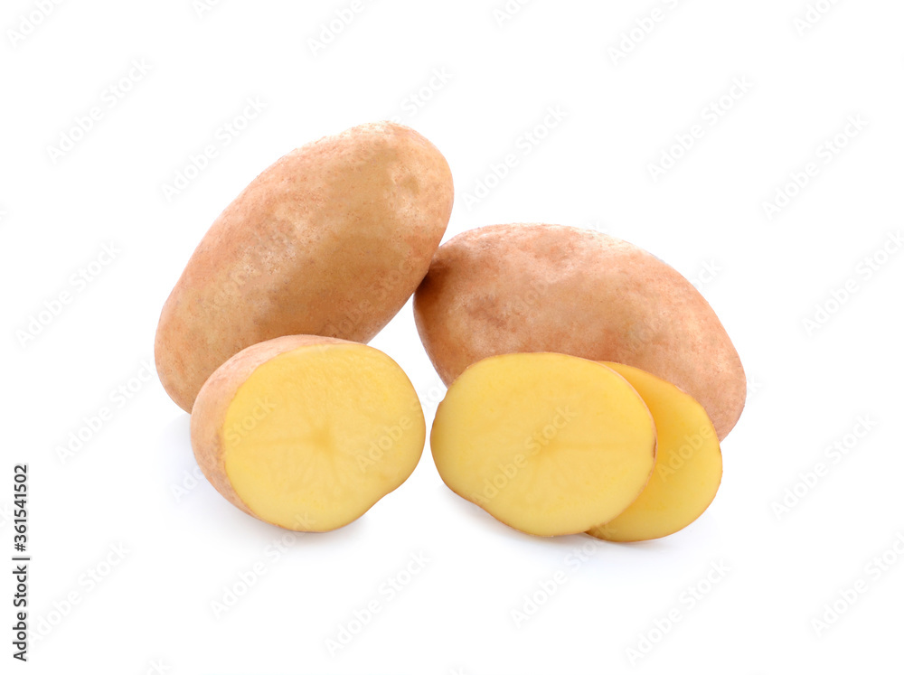 Isolated potatoes. Cut raw potato vegetables isolated on white background with clipping path