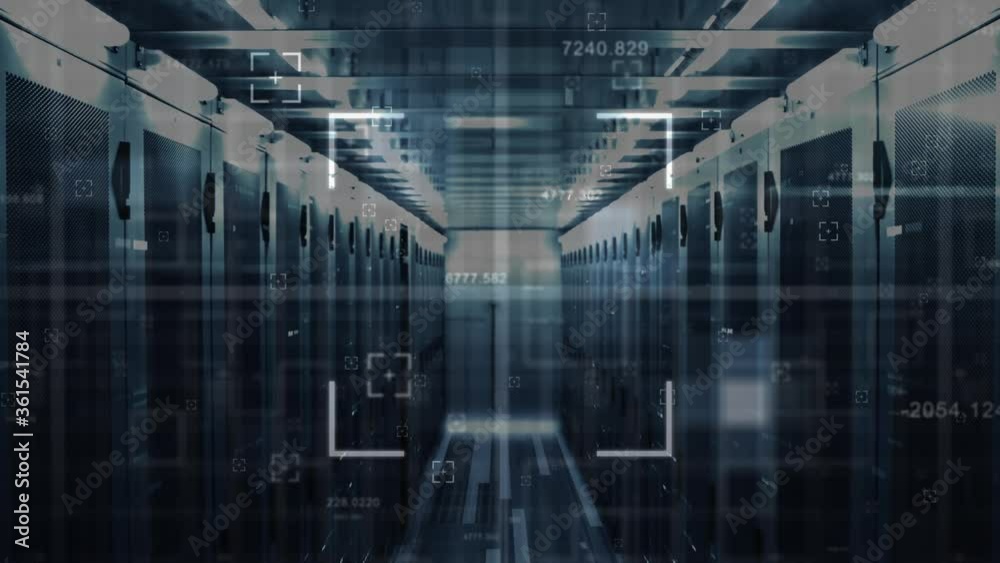 Square scanner and data processing against empty server room in background Square scanner and data processing against empty server room in background