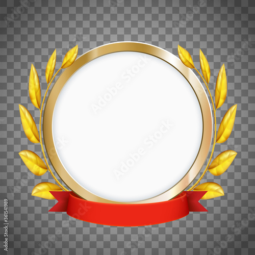 Round frame. Golden laurel wreath with a red ribbon.