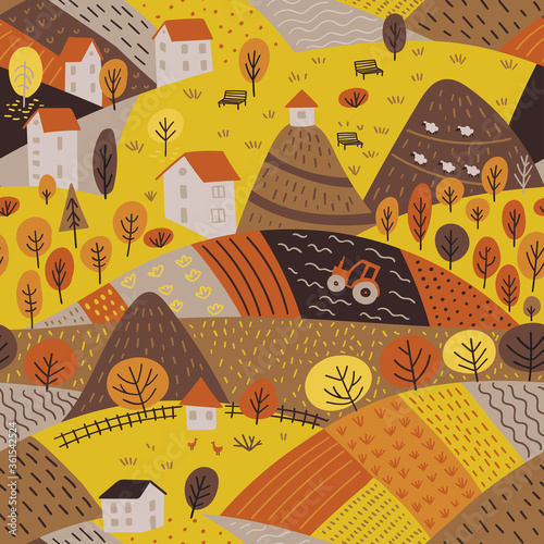 seamless pattern of autumn village landscape