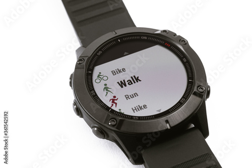 Using smart watch in walk activities on screen. Fitness tracker screen. Healthy lifestyle and medicine