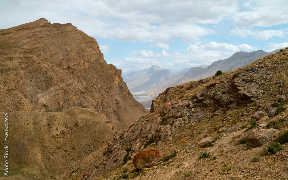 View across Himalayas and Spiti river in distance, Himachal Pradesh, India.