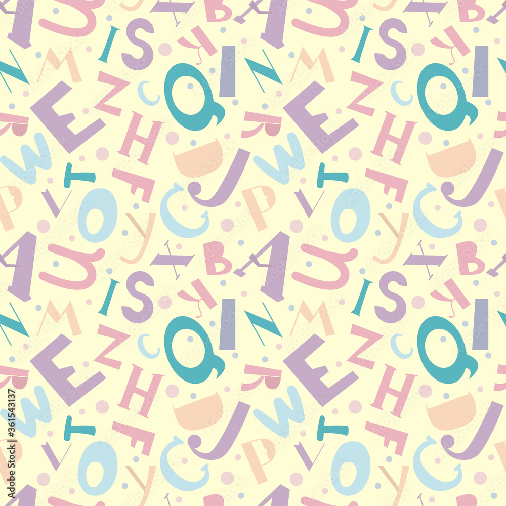Hand drawn alphabet seamless pattern. Calm pastel colors. Childish background. Hand drawn alphabet seamless pattern. Calm pastel colors. Childish background.