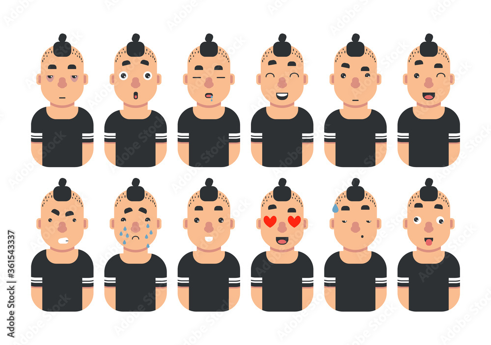 Collection of young asian man's emotions. Flat vector design. Collection of young asian man's emotions. Flat vector design.