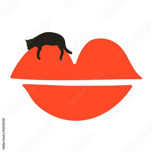 Vector illustration with abstract women lips with red lipstick and black cat silhouette. Trendy print design with mouth and domestic pet, home decoration poster