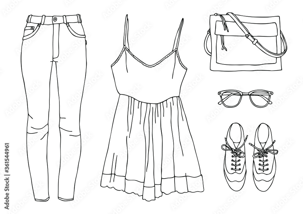 Hand drawn clothes set. Fashion tips. Sketch for anti-stress adult ...