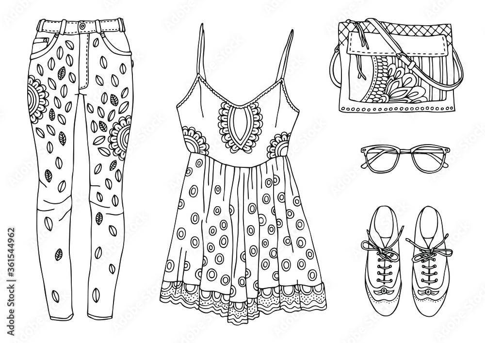 Hand drawn clothes set. Fashion tips. Sketch for anti-stress adult ...