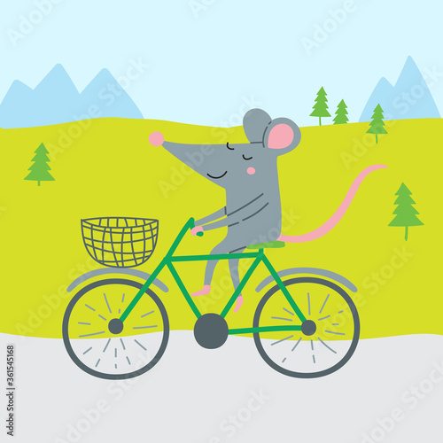 Vector illustration of rat riding bicycle