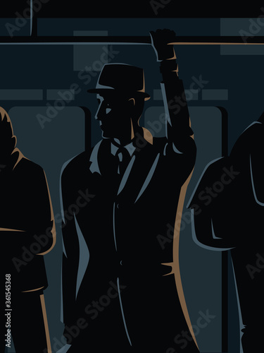 Vector concept illustration of a man standing in the subway car holding a handrail. Dark illustration with shadows of a man in hat, suit and coat. Intelligencer, spy, secret agent under cover