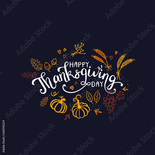 Lovely hand drawn and written Thanks Giving Design  cute pumpkins  leaves and font  great for Thanksgiving banners  wallpapers  cards - vector design