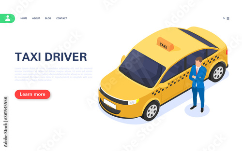City taxi driver. A man stands next to a car on a white background.