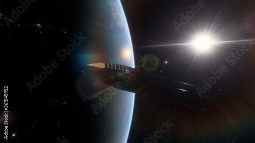 Fototapeta Naklejka Na Ścianę i Meble -  spaceship in orbit of the earth. beautiful science fiction wallpaper with endless deep space, spaceship. 3D render