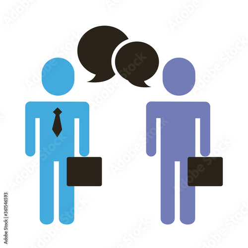 businessmen couple figures with speech bubble flat style icon