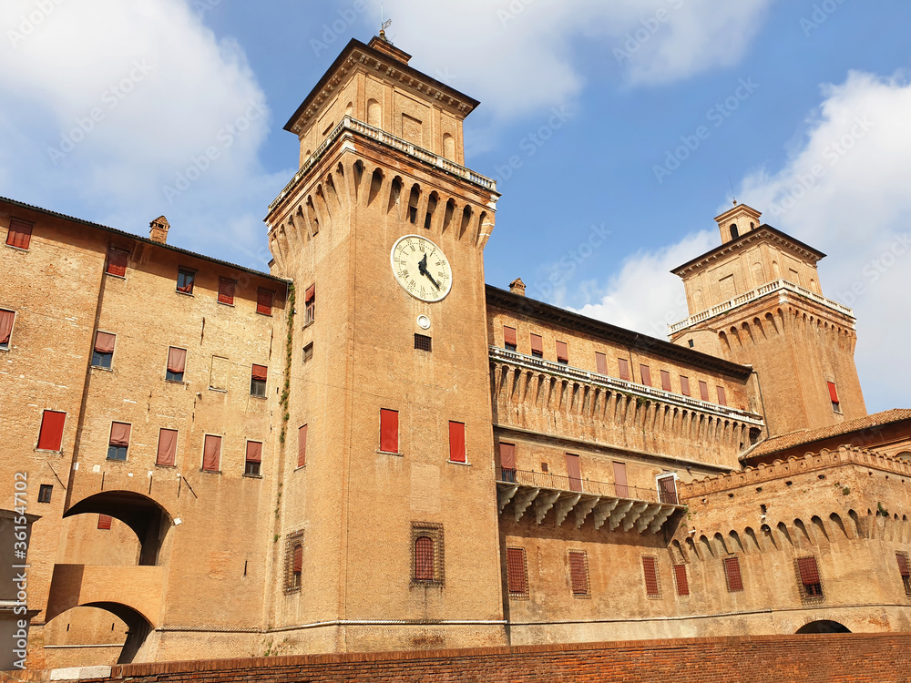 Ancient, famous castle Estense in Ferrara on a sunny summer day.