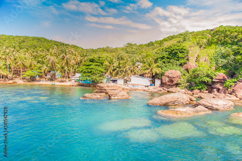 Tropical wild beach with palm trees in Phu Quoc island, Vietnam.