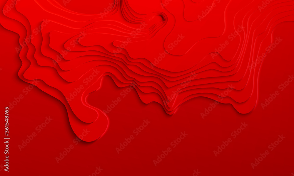 Red paper art cartoon abstract waves. Color waves. Vector abstract topographic map concept with space for your copy. 3D Cartography concep background. Modern origami design template