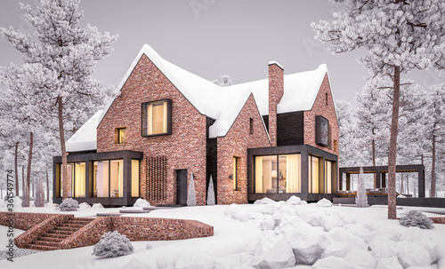 3d rendering of modern cozy clinker house on the ponds with garage and pool for sale or rent with beautiful landscaping on background. Cool winter evening with warm cozy light inside.