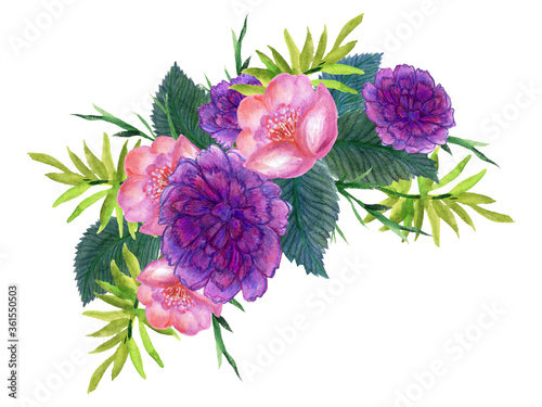 Fototapeta Naklejka Na Ścianę i Meble -  Watercolor abstract  flowers and carnation pink purple violet design wedding bouquet border illustration