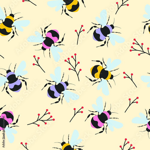 Soft and gentle pretty floral print in the wind design with bumble bees seamless pattern in vector for fashion ,fabric ,wallpaper and all prints on light yellow background color © Sergey