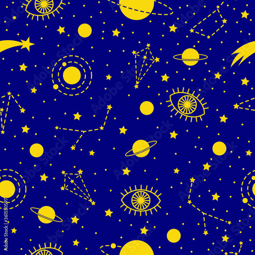 Vector space seamless pattern with planets, comets, constellations and stars. Night sky hand drawn doodle astronomical background