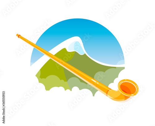 Alphorn on Alpine mountains - Vector Banner for Folklore Music festival in Alps. Illustration of Alpenhorn, swiss national musical instrument on background of European Nature.