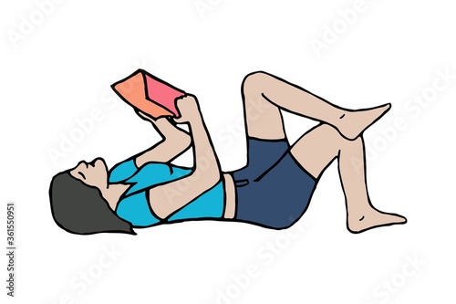 The girl reads a book lying on her back. Freehand drawing. Girl reads a book lying down on the floor white background. Beautiful young woman reads a book lying. Vector illustration of girl of student