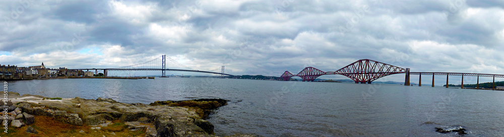 Scotland, panoramic views of Firth of Forth Bay and Forth Rail Bridge