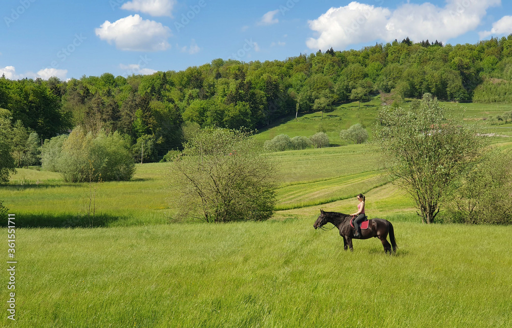 COPY SPACE: Scenic shot of a young woman rider sitting on her horse's back.