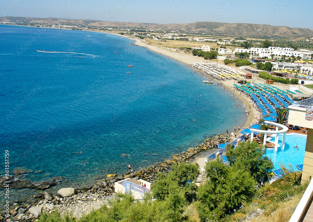 Greece, island of Kos, view of the coast and the beach and crystal clear sea
