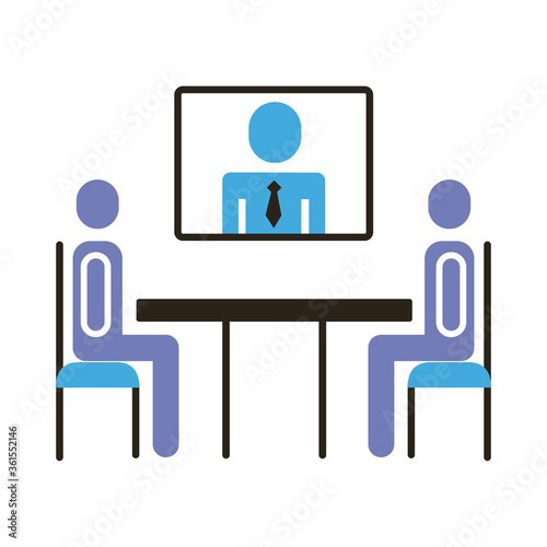 businessmen teamwork figures in table with teleconference flat style