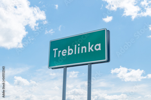 Sign of Treblinka at entrance to village located in eastern Poland. photo