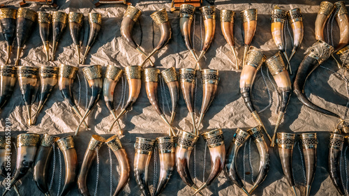 Tbilisi, Georgia. Drinking Horns In Flea Market Of Old Retro Vintage Things On Dry Bridge