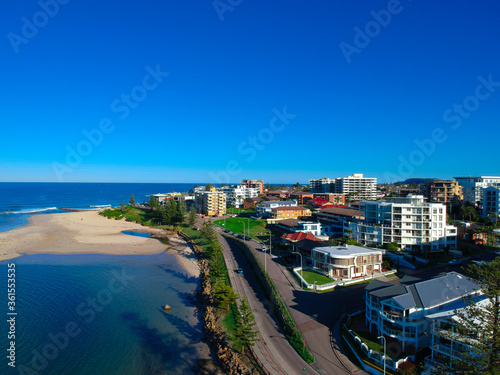 Drone Aerial view of The Entrance NSW Australia blue bay waters great beach and sandy bars