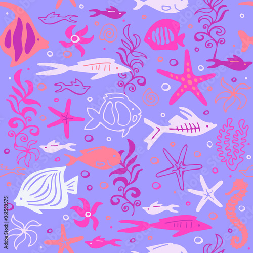 Сolorful seamless pattern with cartoon fishes. Vector set. Hand drawing.