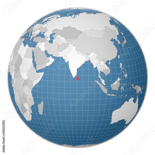 Globe centered to Sri Lanka. Country highlighted with green color on world map. Satellite world projection. Artistic vector illustration.
