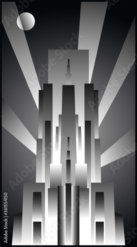 Art Deco Style Architecture Modernism Skyscraper 1920s Retro Poster Stylization, Black and White Placard