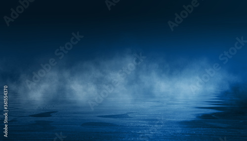 Dark dramatic background. Wet asphalt  smoke and fog. Neon light spotlight. 3d illustration