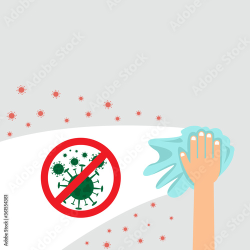 Hand holding napkin cloth cleaning window for stop corona virus (Covid-19) Activity for new normal concept Vector illustration