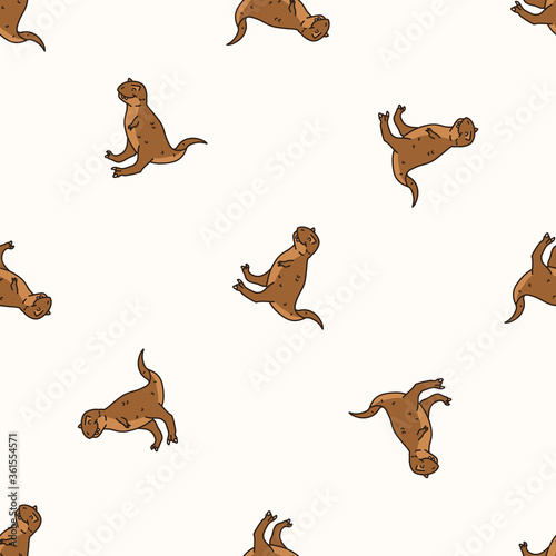 Seamless background Carnotaurus dinosaur print gender neutral baby pattern. Simple whimsical minimal earthy 2 tone color. Kids nursery wallpaper or boho cartoon animal fashion all over print