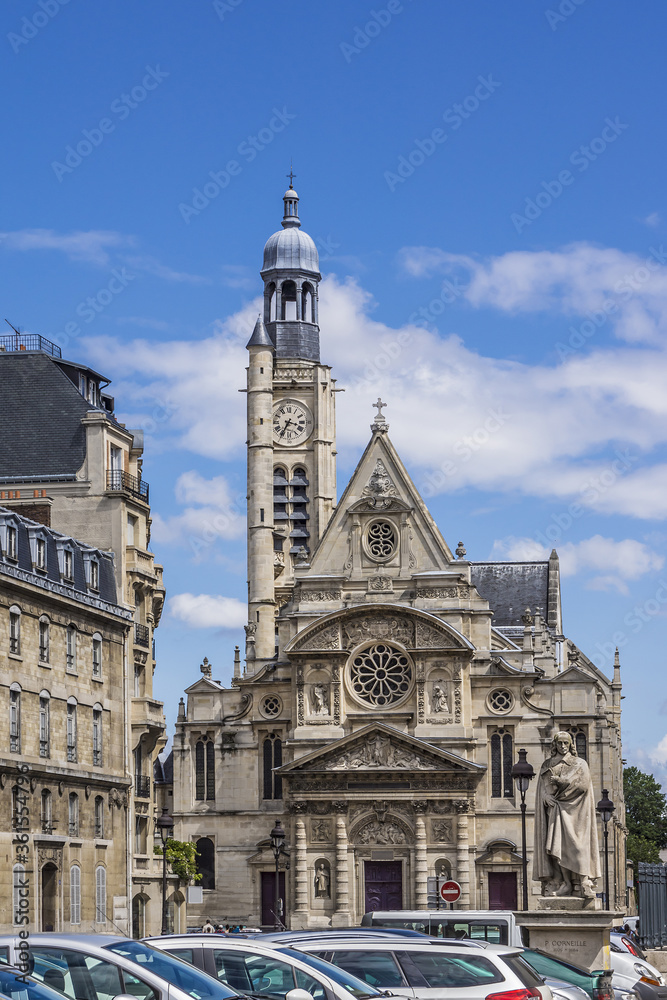 Fototapeta premium Church of Saint-Etienne-du-Mont (1494-1624) in Paris near Pantheon. It contains shrine of St. Genevieve - patron saint of Paris. Paris, France.