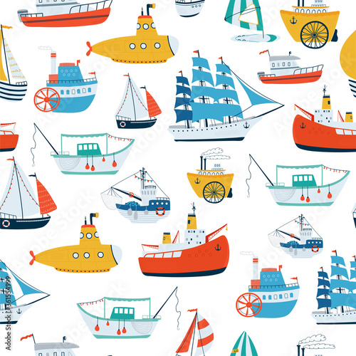 Kids sea seamless pattern with ship, sailboat, icebreaker, submarine, steamship in cartoon style. Cute texture for kids room, Wallpaper, textiles, wrapping paper, apparel. Vector illustration