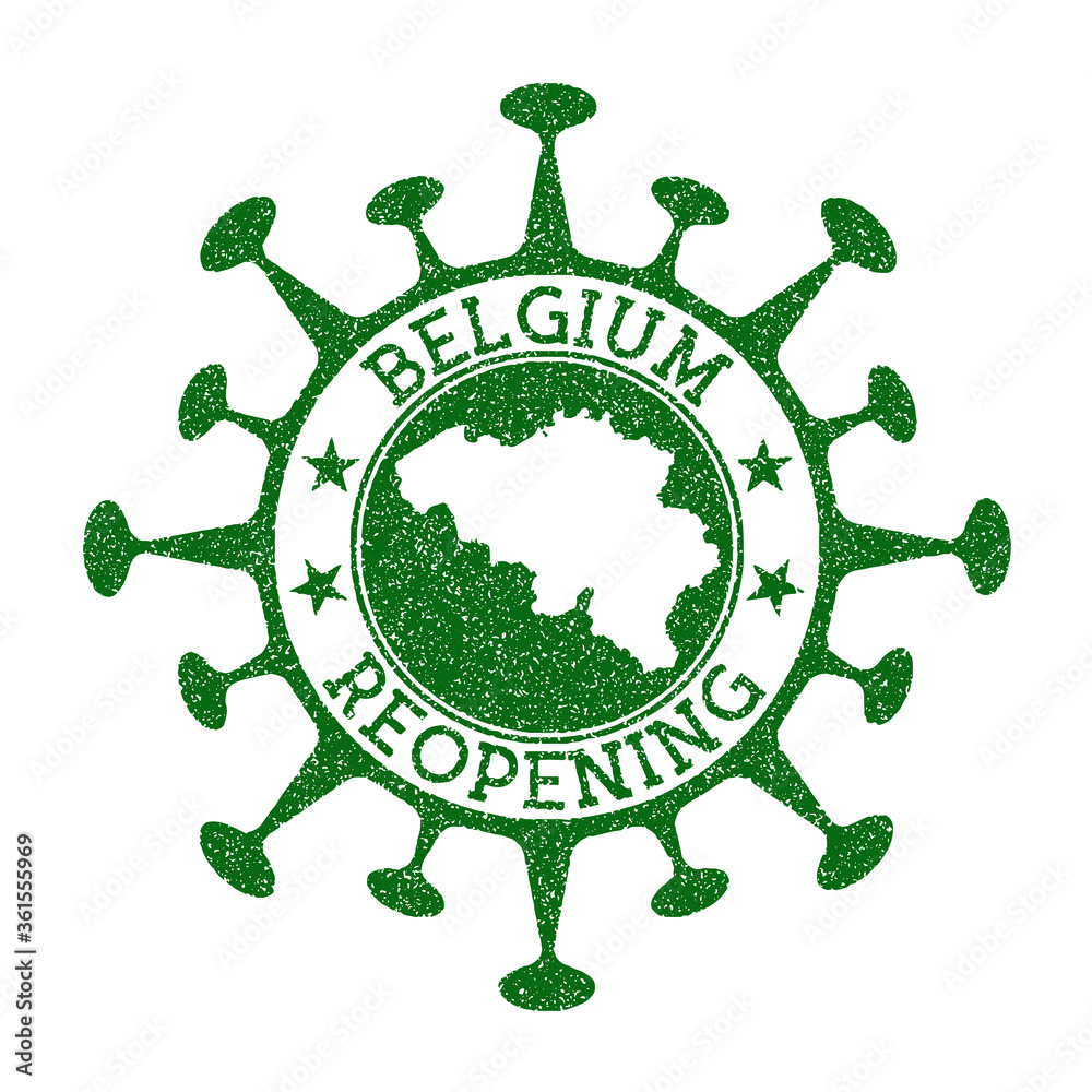 Belgium Reopening Stamp. Green round badge of country with map of Belgium. Country opening after lockdown. Vector illustration.