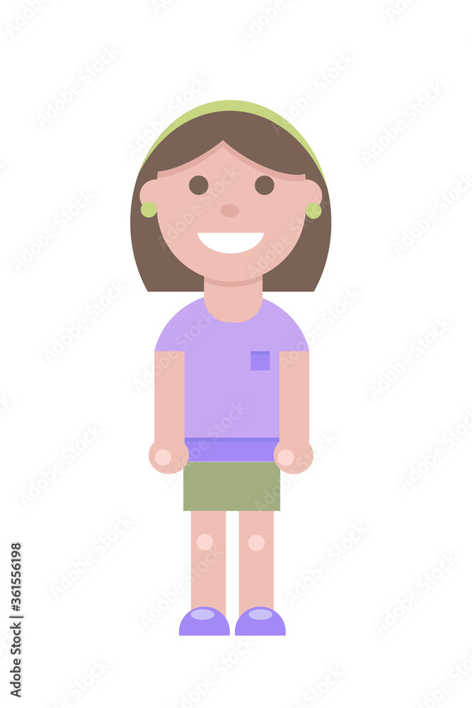 Happy young girl in flat stile isolated on white background. Vector simple illustration. Usable as icon or symbol. Decoration element.