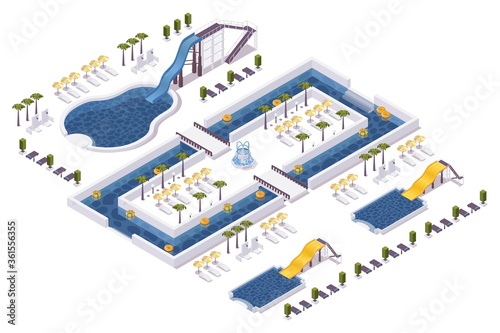 Isometric water park, hotel outdoor scene with set of colorful slides with pools. Palms, sunbeds and no people