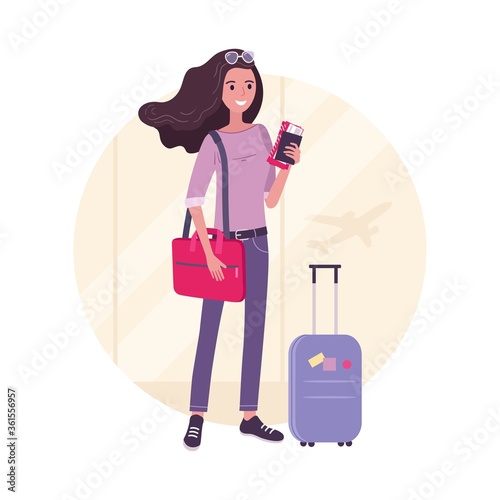 Traveling young beautiful woman with luggage in the airport before flight, tourist girl holding tickets. Traveling concept, vector illustration in cartoon, flat style