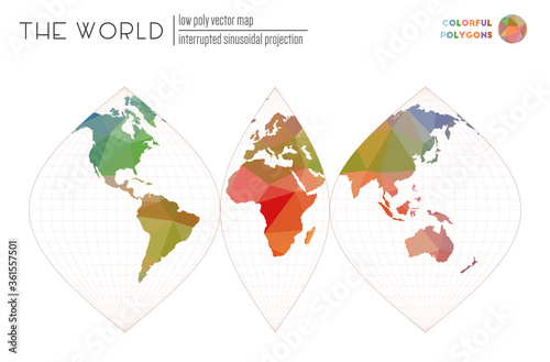 Abstract geometric world map. Interrupted sinusoidal projection of the world. Colorful colored polygons. Elegant vector illustration.